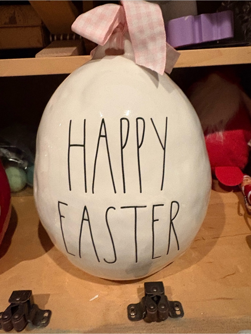 Rae Dunn White Ceramic Easter Egg with Pink Gingham Bow